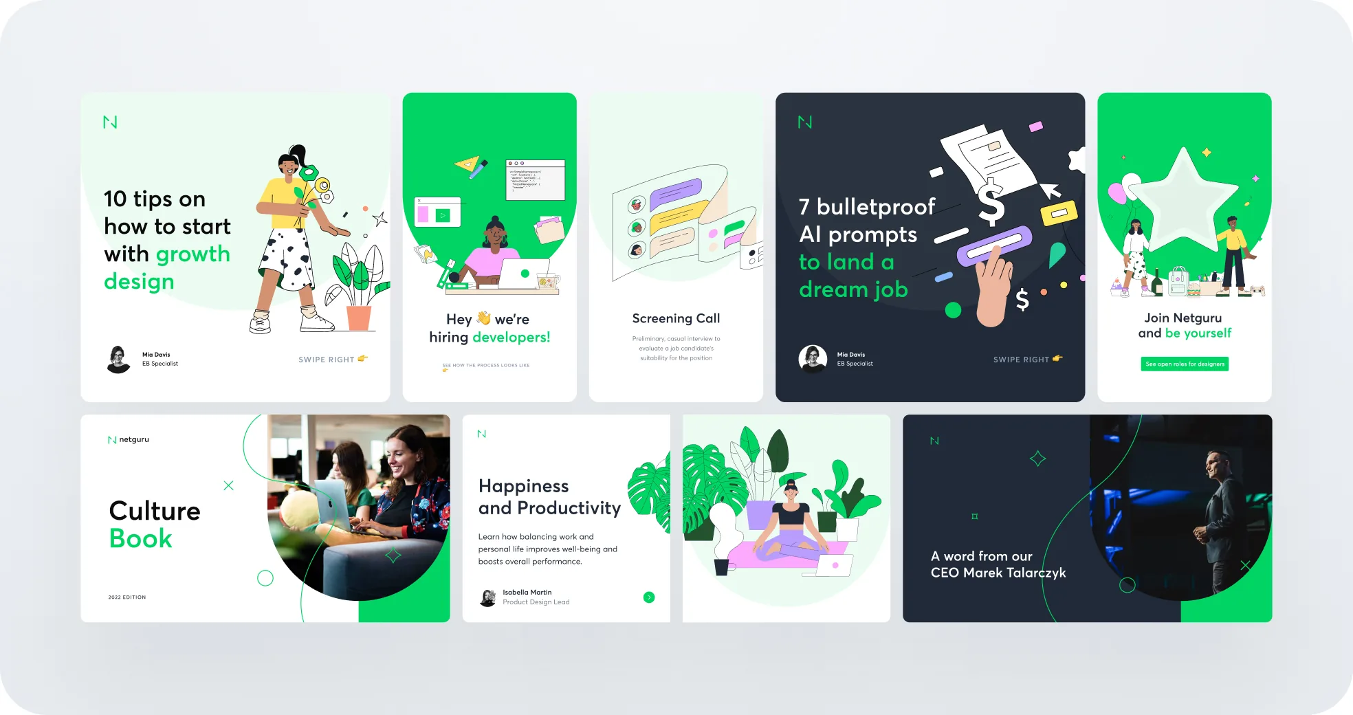A grid of Netguru employer-branding pieces — social carousels on growth design and hiring, a screening-call explainer, the 2022 Culture Book, and a CEO talk card