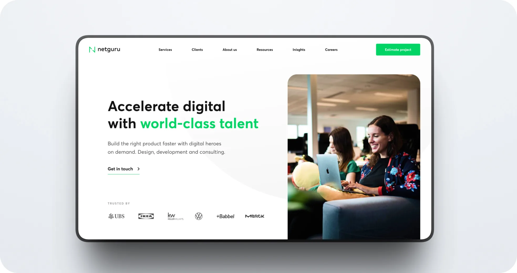 The Netguru homepage on a laptop — the 'Accelerate digital with world-class talent' hero, with client logos beneath